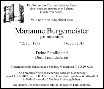 Anzeige von Marianne Burgemeister von Kölner Stadt-Anzeiger / Kölnische Rundschau / Express