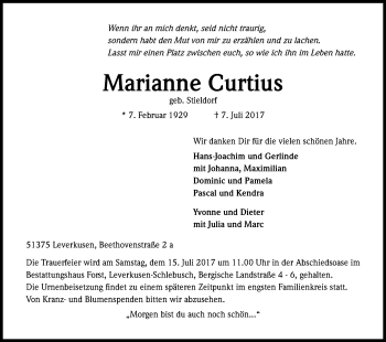 Anzeige von Marianne Curtius von Kölner Stadt-Anzeiger / Kölnische Rundschau / Express