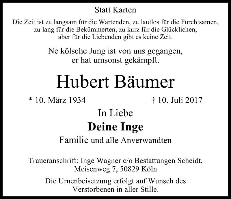  Traueranzeige für Hubert Bäumer vom 22.07.2017 aus Kölner Stadt-Anzeiger / Kölnische Rundschau / Express