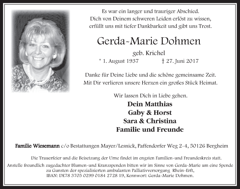  Traueranzeige für Gerda-Marie Dohmen vom 05.07.2017 aus  Werbepost 