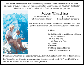 Anzeige von Robert Watschina von Kölner Stadt-Anzeiger / Kölnische Rundschau / Express