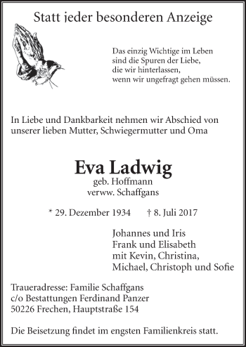 Anzeige von Eva Ladwig von  Sonntags-Post 