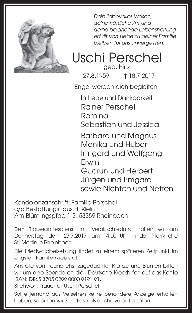  Traueranzeige für Uschi Perschel vom 26.07.2017 aus  Schaufenster/Blickpunkt 