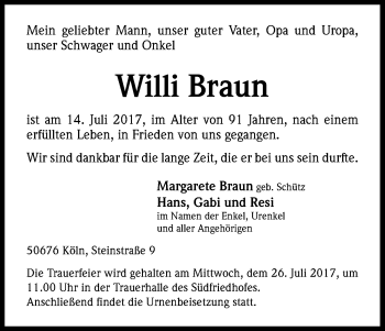 Anzeige von Willi Braun von Kölner Stadt-Anzeiger / Kölnische Rundschau / Express