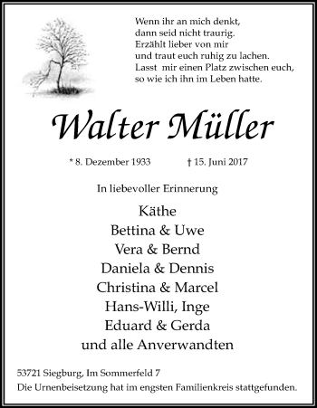 Anzeige von Walter Müller von Kölner Stadt-Anzeiger / Kölnische Rundschau / Express