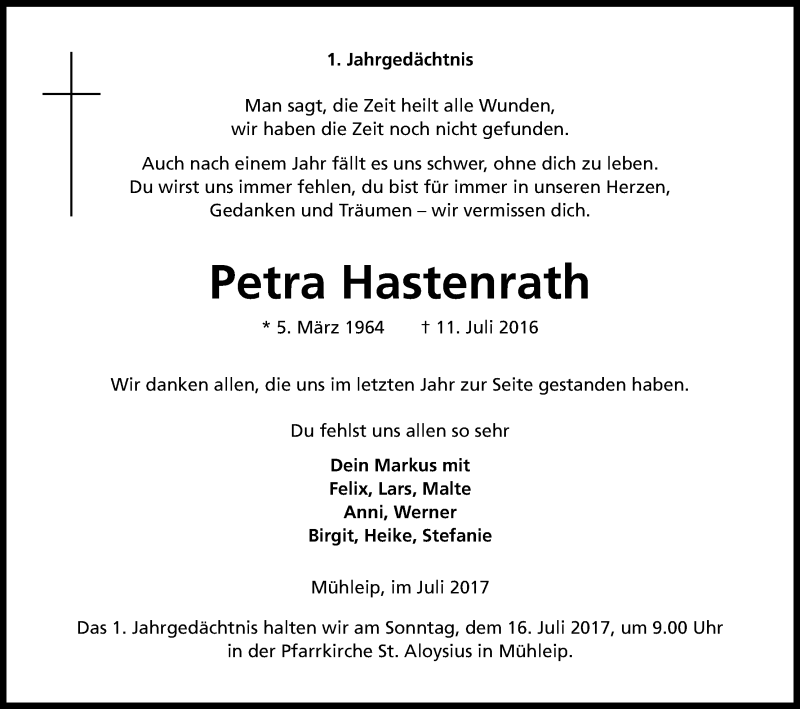  Traueranzeige für Petra Hastenrath vom 11.07.2017 aus Kölner Stadt-Anzeiger / Kölnische Rundschau / Express