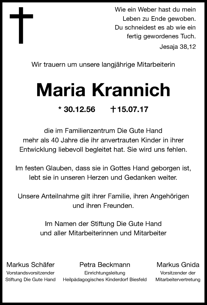  Traueranzeige für Maria Krannich vom 22.07.2017 aus Kölner Stadt-Anzeiger / Kölnische Rundschau / Express
