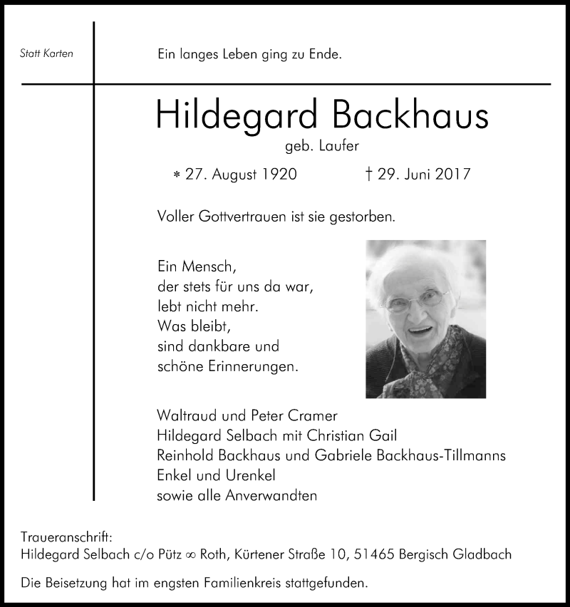  Traueranzeige für Hildegard Backhaus vom 08.07.2017 aus Kölner Stadt-Anzeiger / Kölnische Rundschau / Express