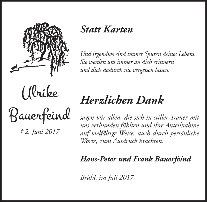  Traueranzeige für Ulrike Bauerfeind vom 12.07.2017 aus  Schlossbote/Werbekurier 