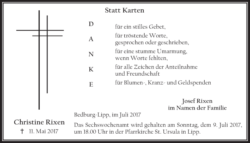 Traueranzeige für Christine Rixen vom 05.07.2017 aus  Werbepost 