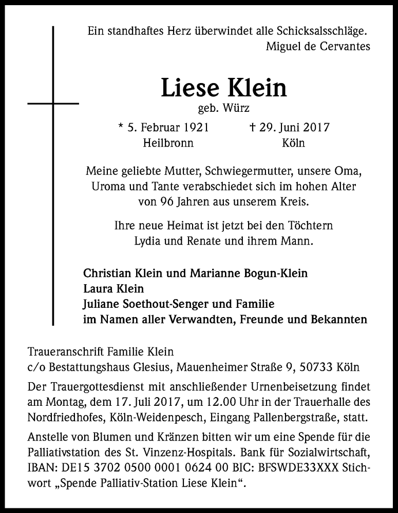  Traueranzeige für Liese Klein vom 08.07.2017 aus Kölner Stadt-Anzeiger / Kölnische Rundschau / Express