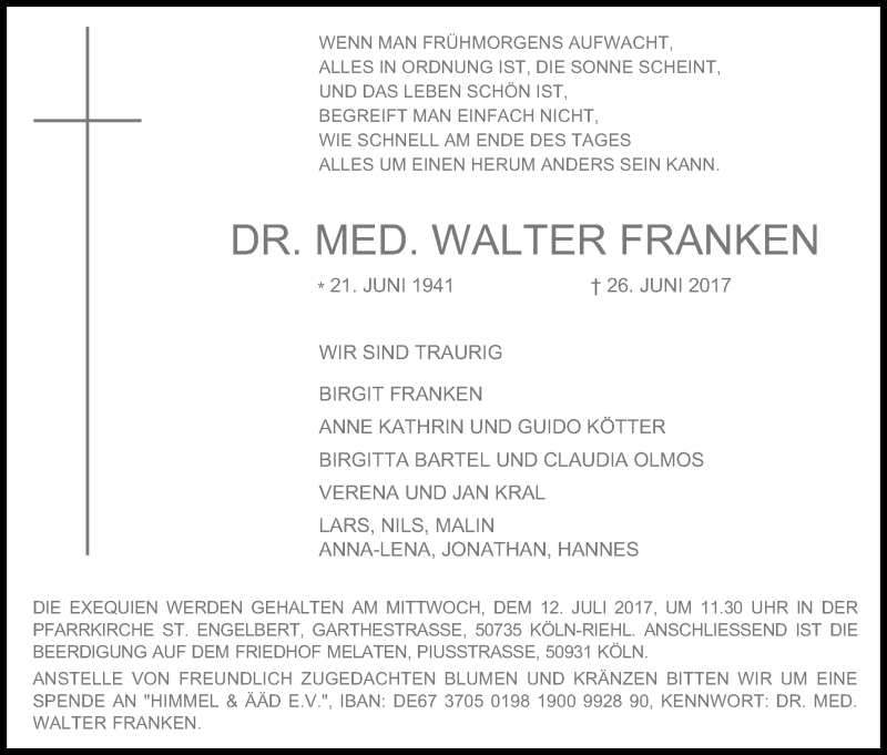  Traueranzeige für Walter Franken vom 05.07.2017 aus Kölner Stadt-Anzeiger / Kölnische Rundschau / Express