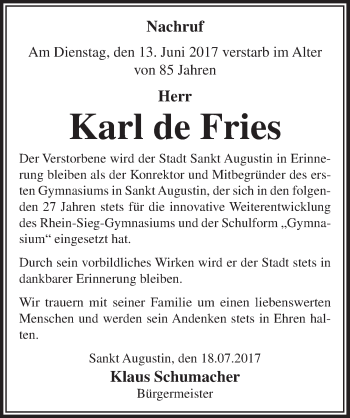 Anzeige von Karl de Fries von  Extra Blatt 