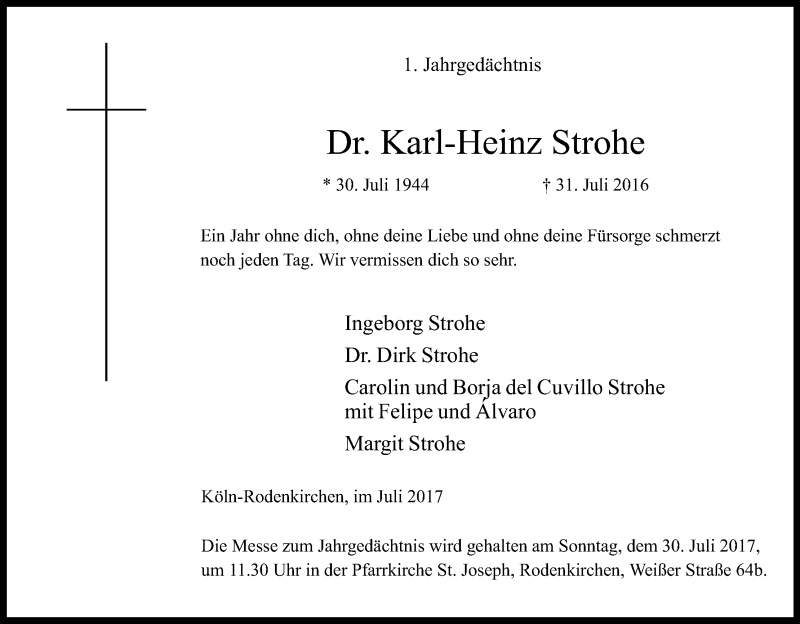  Traueranzeige für Karl-Heinz Strohe vom 22.07.2017 aus Kölner Stadt-Anzeiger / Kölnische Rundschau / Express