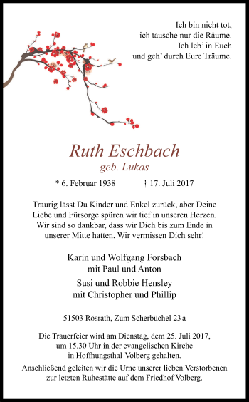 Anzeige von Ruth Eschbach von Kölner Stadt-Anzeiger / Kölnische Rundschau / Express