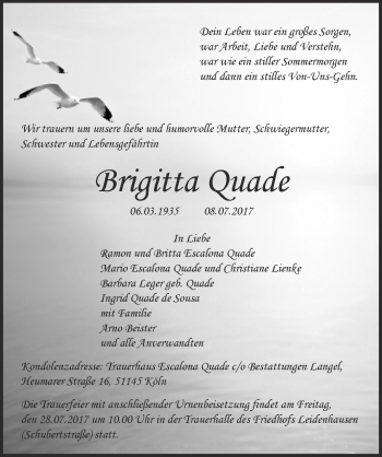 Anzeige von Brigitta Quade von  Kölner Wochenspiegel 