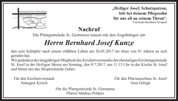 Anzeige von Bernhard Josef Kunze von  Schlossbote/Werbekurier 