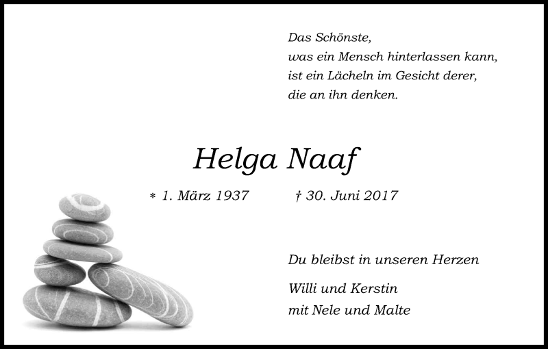  Traueranzeige für Helga Naaf vom 08.07.2017 aus Kölner Stadt-Anzeiger / Kölnische Rundschau / Express