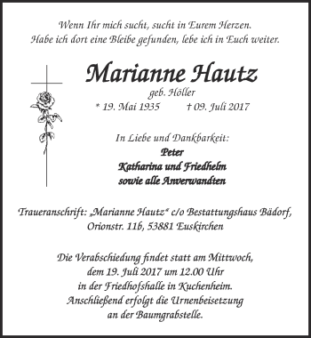 Anzeige von Marianne Hautz von  Blickpunkt Euskirchen 
