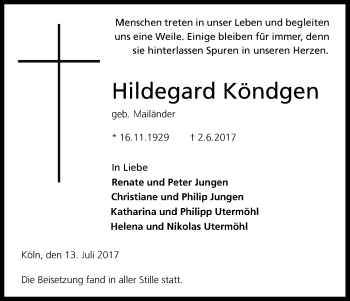 Anzeige von Hildegard Köndgen von Kölner Stadt-Anzeiger / Kölnische Rundschau / Express