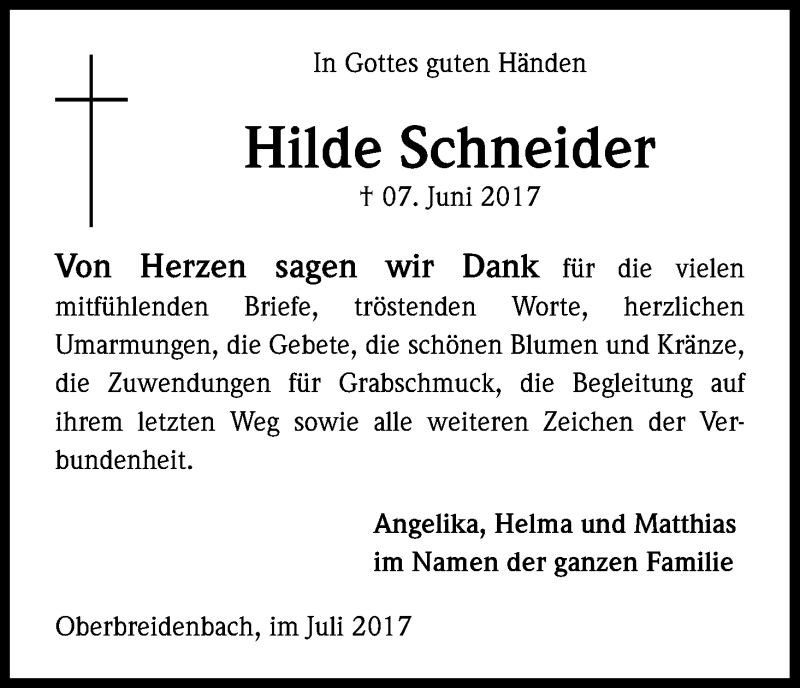  Traueranzeige für Hilde Schneider vom 15.07.2017 aus Kölner Stadt-Anzeiger / Kölnische Rundschau / Express