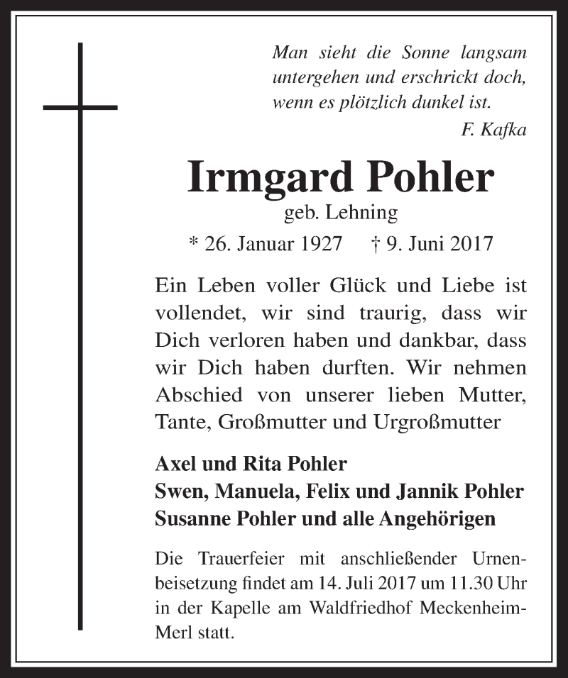  Traueranzeige für Irmgard Pohler vom 05.07.2017 aus  Schaufenster/Blickpunkt 