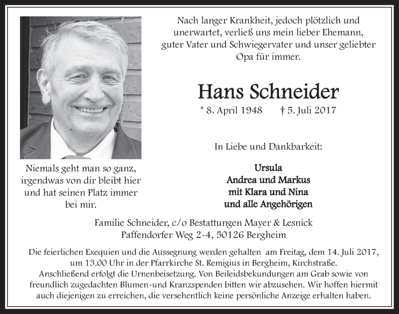 Traueranzeige für Hans Schneider vom 12.07.2017 aus  Werbepost 