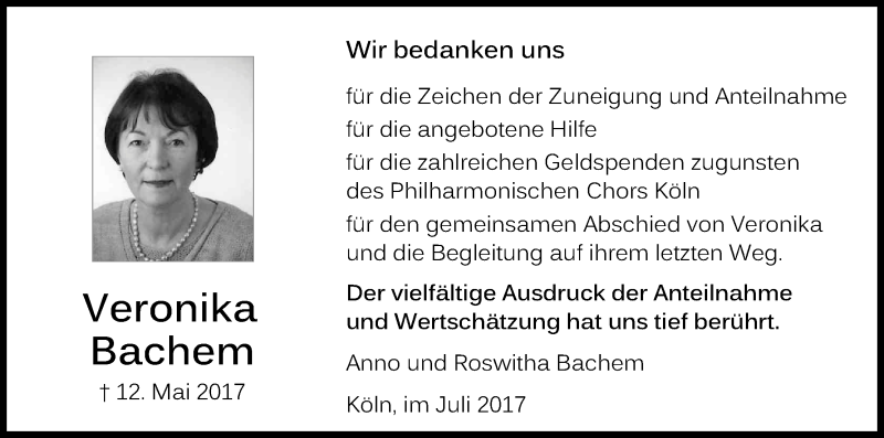  Traueranzeige für Veronika Bachem vom 08.07.2017 aus Kölner Stadt-Anzeiger / Kölnische Rundschau / Express