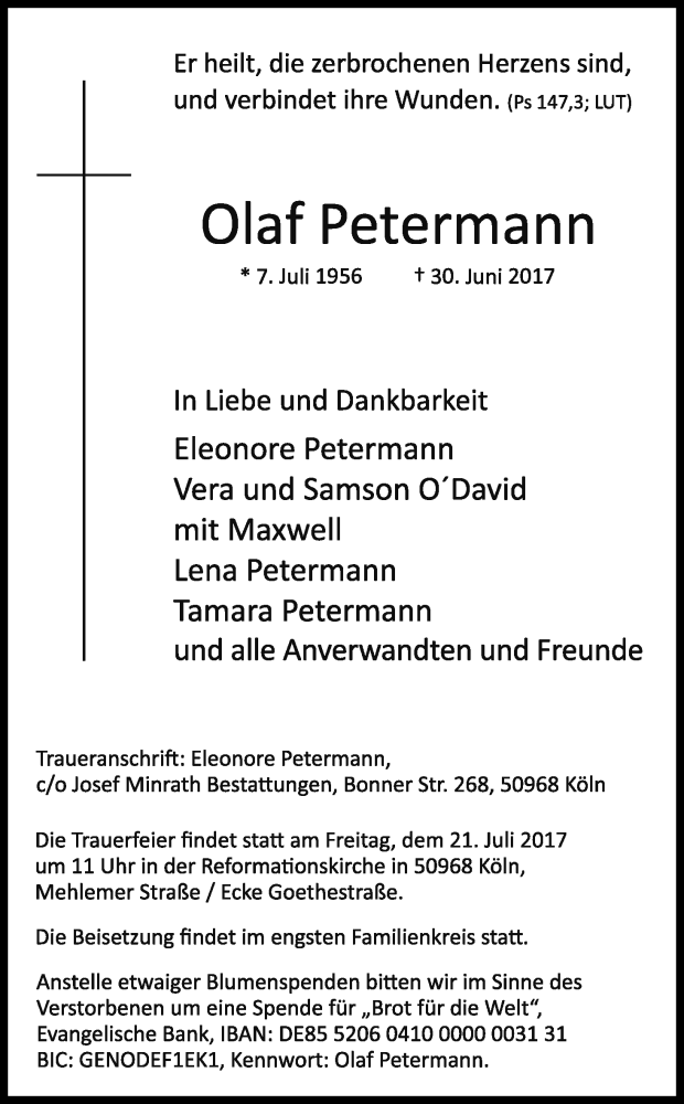  Traueranzeige für Olaf Petermann vom 13.07.2017 aus Kölner Stadt-Anzeiger / Kölnische Rundschau / Express