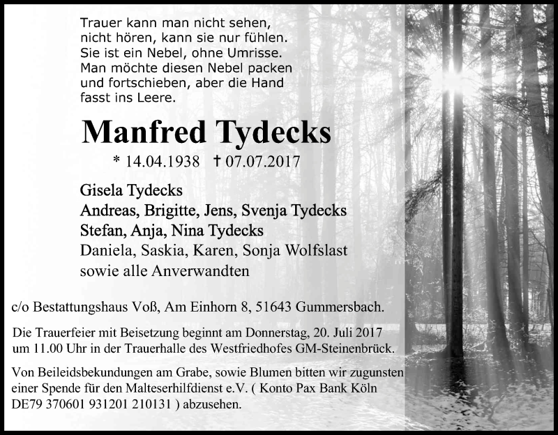  Traueranzeige für Manfred Tydecks vom 15.07.2017 aus Kölner Stadt-Anzeiger / Kölnische Rundschau / Express