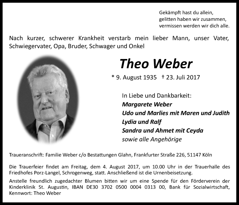  Traueranzeige für Theo Weber vom 26.07.2017 aus  Kölner Wochenspiegel  Extra Blatt 