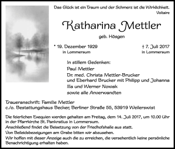 Anzeige von Katharina Mettler von Kölner Stadt-Anzeiger / Kölnische Rundschau / Express