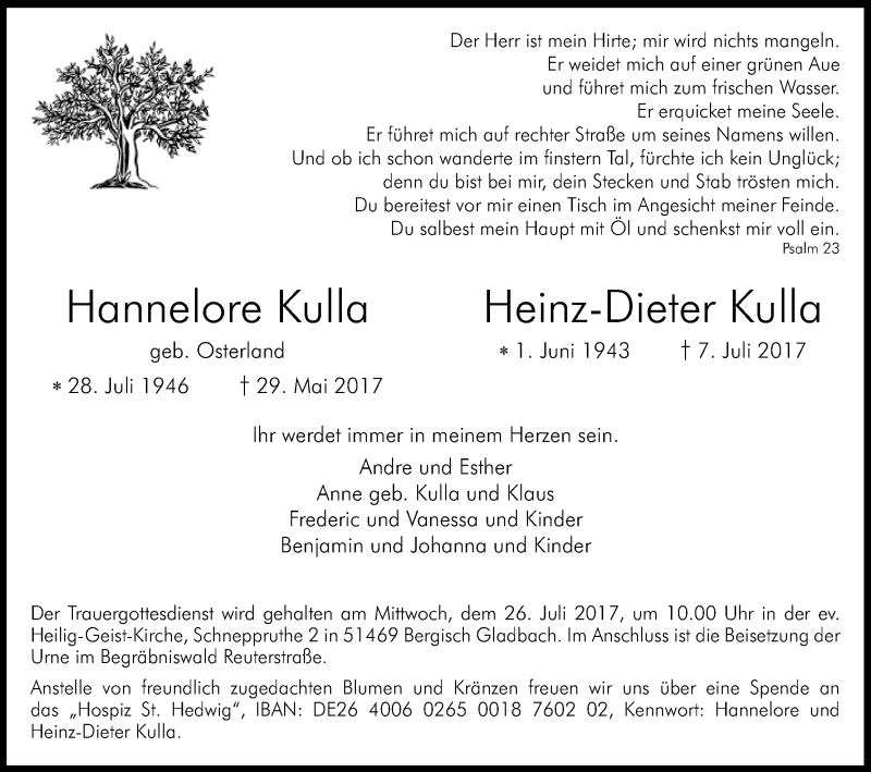  Traueranzeige für Hannelore und Heinz-Dieter Kulla vom 22.07.2017 aus Kölner Stadt-Anzeiger / Kölnische Rundschau / Express