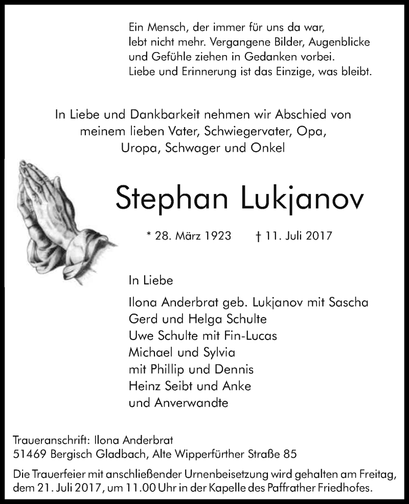  Traueranzeige für Stephan Lukjanov vom 18.07.2017 aus Kölner Stadt-Anzeiger / Kölnische Rundschau / Express