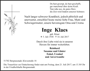 Anzeige von Inge Klaes von  Anzeigen Echo 