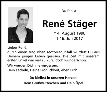 Anzeige von Ren Stäger von Kölner Stadt-Anzeiger / Kölnische Rundschau / Express