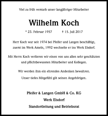 Anzeige von Wilhelm Koch von Kölner Stadt-Anzeiger / Kölnische Rundschau / Express