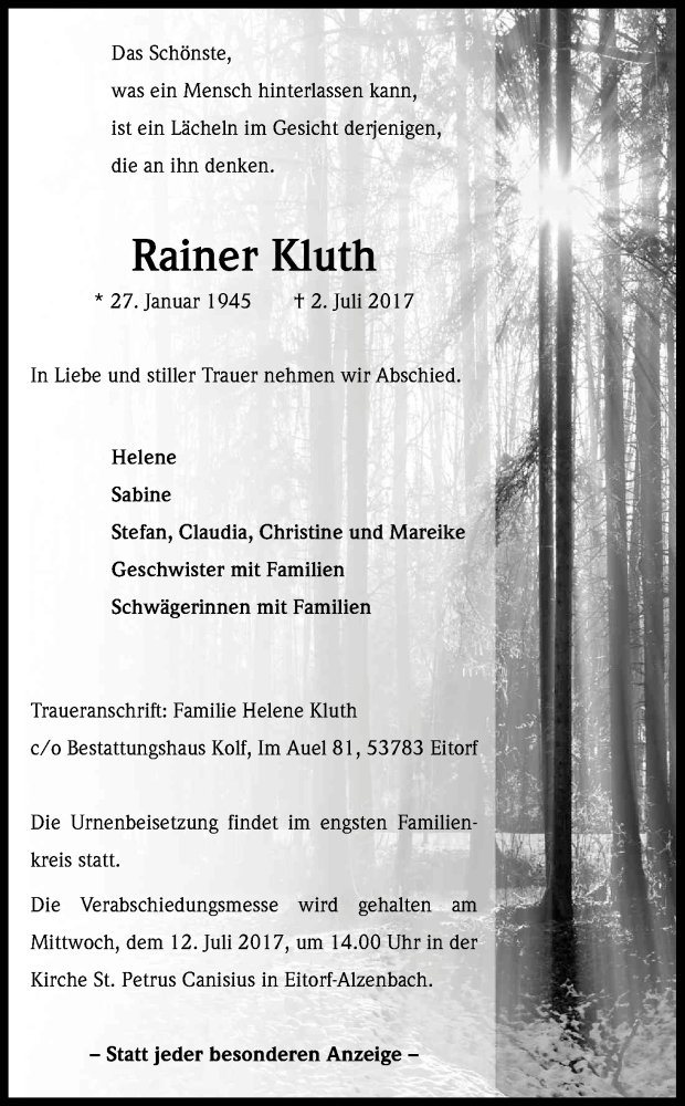  Traueranzeige für Rainer Kluth vom 08.07.2017 aus Kölner Stadt-Anzeiger / Kölnische Rundschau / Express