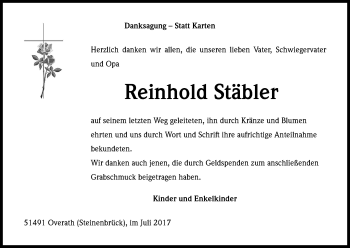 Anzeige von Reinhold Stäbler von Kölner Stadt-Anzeiger / Kölnische Rundschau / Express