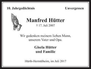 Anzeige von Manfred Hütter von  Wochenende 