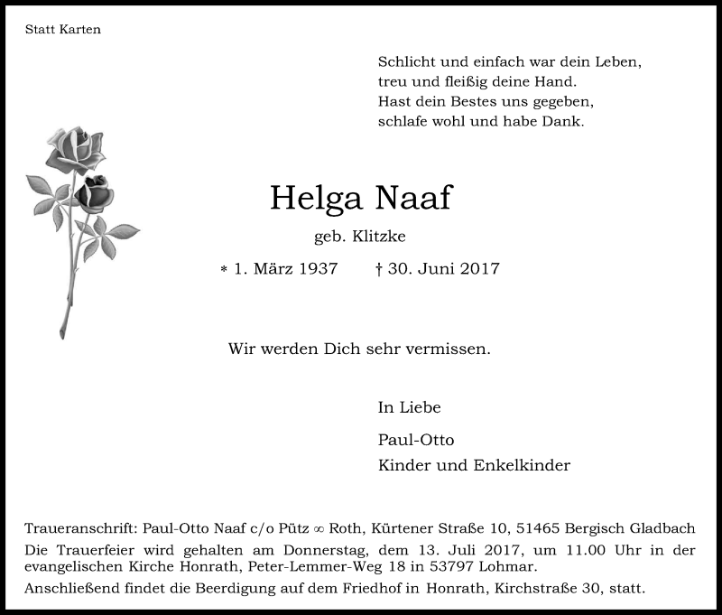  Traueranzeige für Helga Naaf vom 08.07.2017 aus Kölner Stadt-Anzeiger / Kölnische Rundschau / Express