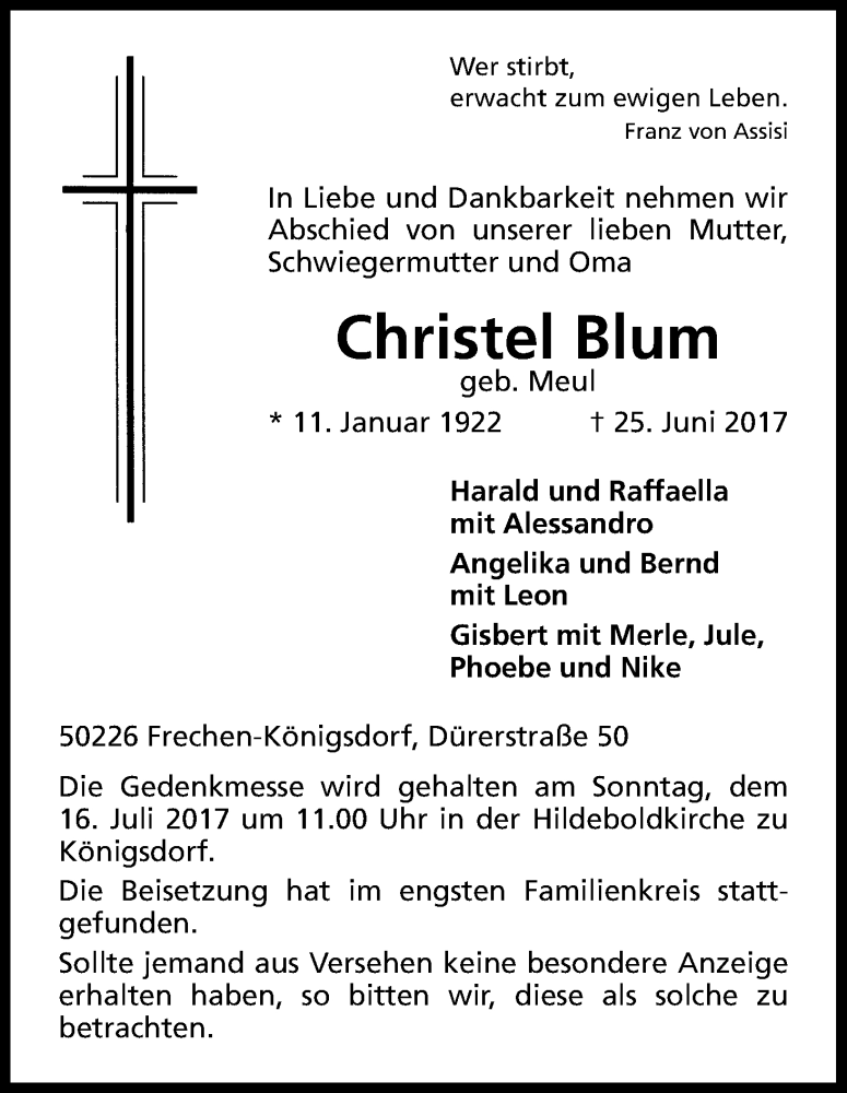  Traueranzeige für Christel Blum vom 05.07.2017 aus Kölner Stadt-Anzeiger / Kölnische Rundschau / Express