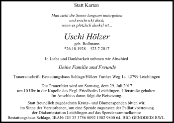 Anzeige von Uschi Hölzer von Kölner Stadt-Anzeiger / Kölnische Rundschau / Express