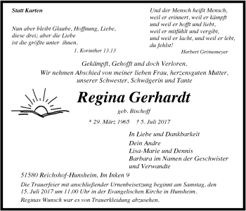 Anzeige von Regina Gerhardt von  Anzeigen Echo  Lokalanzeiger 