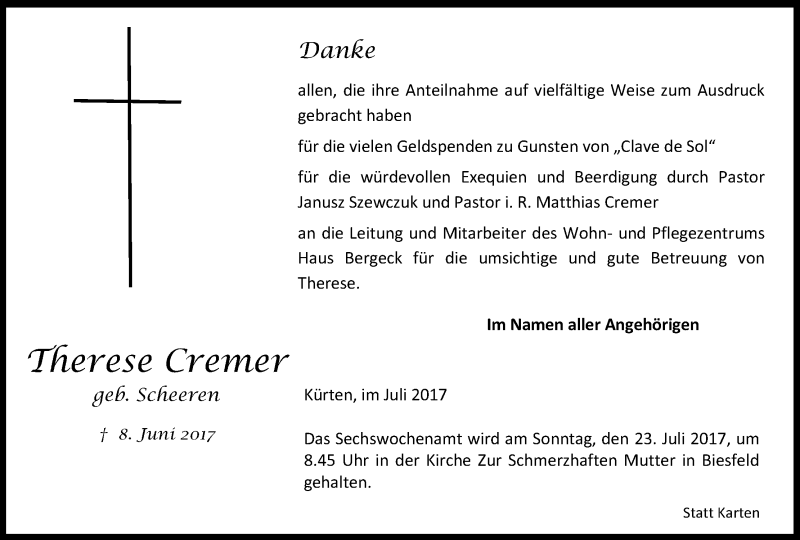  Traueranzeige für Therese Cremer vom 15.07.2017 aus Kölner Stadt-Anzeiger / Kölnische Rundschau / Express