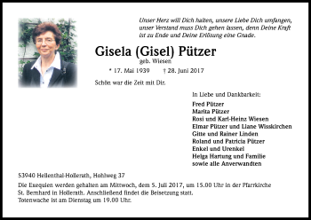 Anzeige von Gisela  Pützer von Kölner Stadt-Anzeiger / Kölnische Rundschau / Express