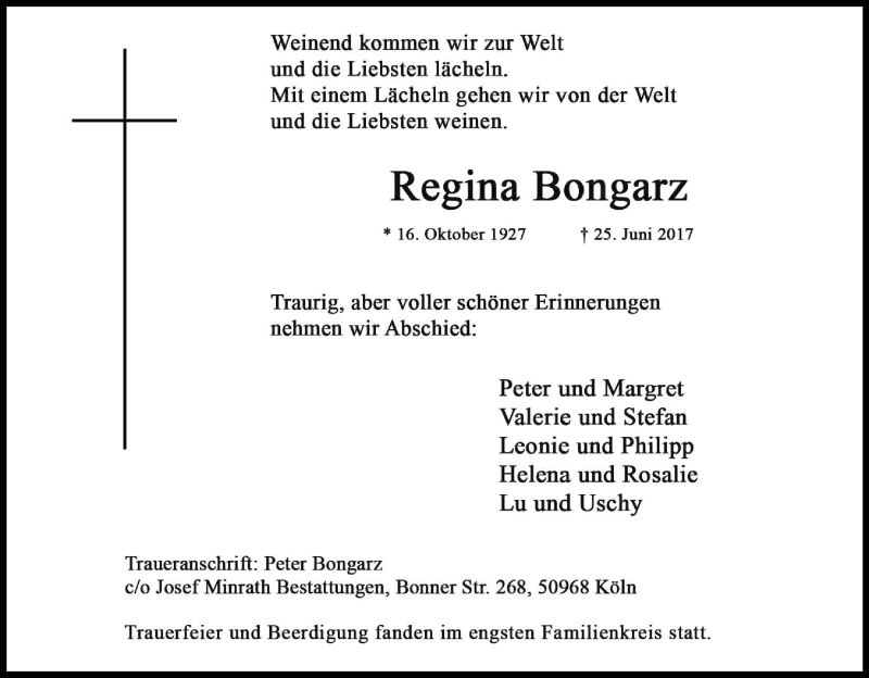  Traueranzeige für Regina Bongarz vom 08.07.2017 aus Kölner Stadt-Anzeiger / Kölnische Rundschau / Express