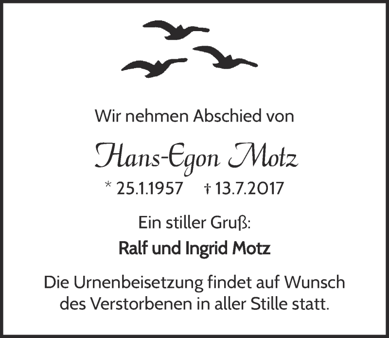  Traueranzeige für Hans-Egon Motz vom 19.07.2017 aus  Kölner Wochenspiegel 