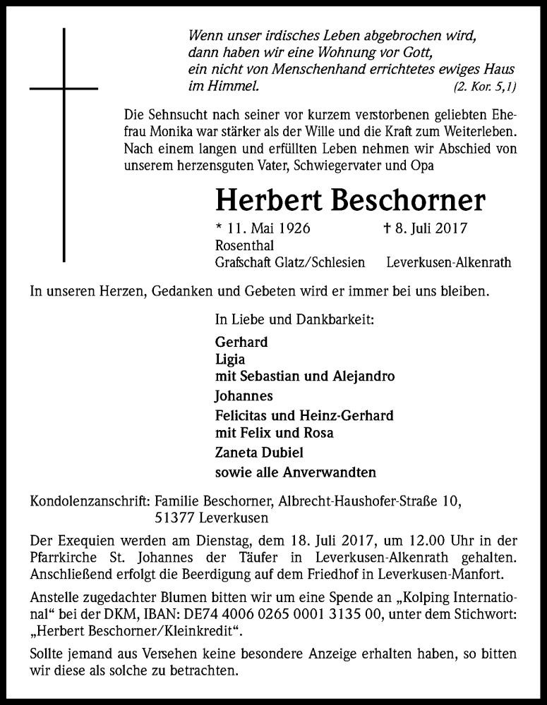  Traueranzeige für Herbert Beschorner vom 15.07.2017 aus Kölner Stadt-Anzeiger / Kölnische Rundschau / Express
