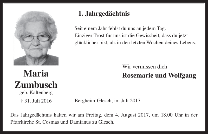  Traueranzeige für Maria Zumbusch vom 26.07.2017 aus  Werbepost 